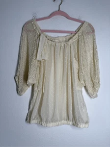 Blusa Top A’Reve Crema Gasa Rejilla Manga Abullonada Lunares Suizos Transparentes Talla M - Imagen 1 de 13