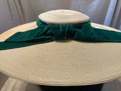 Mr. Leon Wide Brim Boater with Green Velour Ribbon - EUC * Box Not Included * - Image 1 of 4