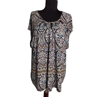 Top túnica mujer Carmen Marc Valvo talla 2X negro floral manga corta calce relajado Foto 1 de 4