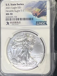 2021 AMERICAN SILVER EAGLE $1 HAWAII #16 OF 50 U.S. STATE SERIES T-1 NGC MS 70 - Picture 1 of 6