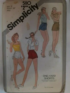 Shorts Shortie Simplicity Sewing Pattern 5110 Size 10 UC FF One Yard VTG 80's - Picture 1 of 5
