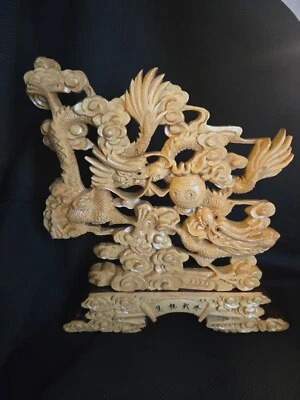 Estatua de dragón doble tallada en madera de boj chino 11" de alto ¡MUY BONITA! Foto 1 de 3