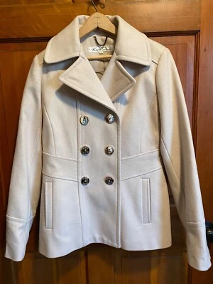 Abrigo de lana Kenneth Cole NY para mujer con doble cuello botón talla 10 blanco roto crema Foto 1 de 4