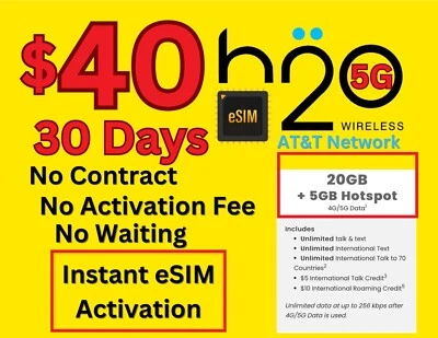 H20 Prepaid Service $40 plan For 30 Days AT&T network - ESim Instant Activate !! - Image 1 of 4