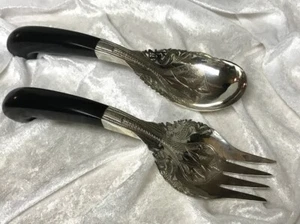Antique Mohd Salleh & Sons Malaysia Ornate Silver Serving Spoon & Fork W/Dragons - Picture 1 of 8