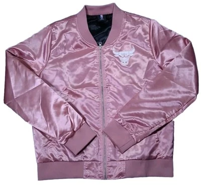 Vtg Spellout Chicago Bulls Basketball NBA Zip Up Pink Satin Jacket Size Large  - Image 1 of 4