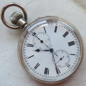 Longines Chronograph Pocket Watch Open Face Silver Case 51,5 mm. in diameter - Picture 1 of 12