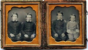DOBLE 1/6 PLACA DAGUERROTIPO RETRATO FOTOGRÁFICO DE CUATRO NIÑOS - Imagen 1 de 2