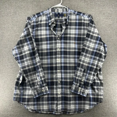 Ralph Lauren Long Sleeve Shirt Men Size 2XB Blue Gray Plaid Flesh Pony Casual - Image 1 of 4