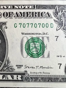 Fancy Serial Number $1 One Dollar Bill 70770700 Binary Lucky 7s And 0s - Tough! - Picture 1 of 3