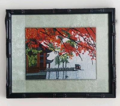 Восточный вышитый настенный гобелен с водяной рамой для пагоды 21x17 дюймов - Изображение 1 из 4