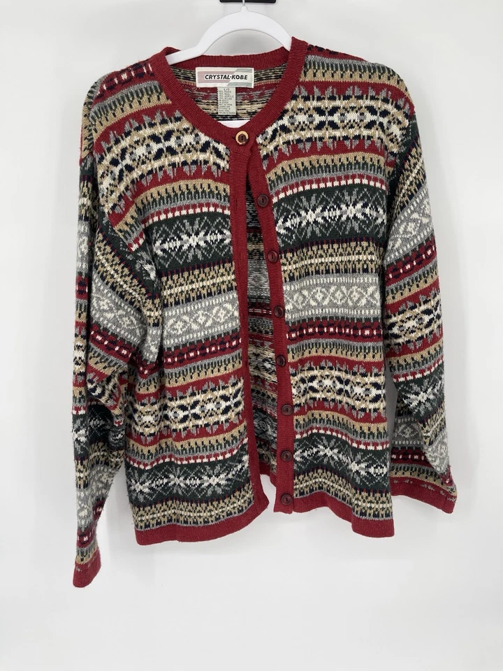 CRYSTAL KOBE Cardigan 毛衣 L 北欧冰岛 Fair Isle 羊毛混纺 — 第 1/4 张图片