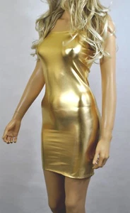 Metallic Mini Dress Gold Wet Look Strapless Stretch Boob Tube Bodycon Shiny D106 - Picture 1 of 8