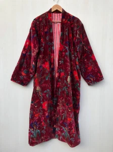 OFMD Luxus Samt Jacke Mantel Kimono Rot Farbe Vogel Print Kimono Longjacke - Bild 1 von 10
