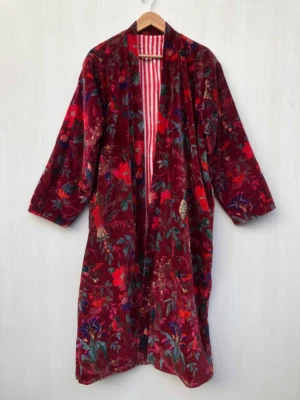 OFMD Luxury Velvet Jacket Coat Kimono Red Color Bird Print Kimono Long Jacket - Image 1 of 4