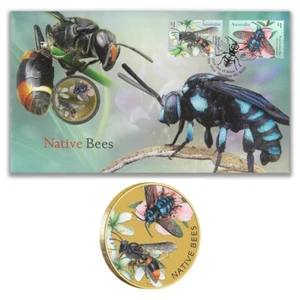 Australia 2019 Native Bees Set/2 Stamps & $1 Coloured UNC Coin Cover - PNC - Picture 1 of 2