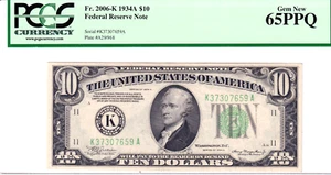 Billete de 10 dólares de la Reserva Federal Dallas 1934-A gema PCGS nuevo 65PPQ #K37307659A - Imagen 1 de 2