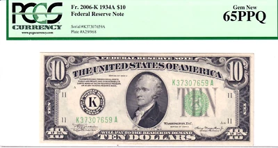 1934-A $10 Federal Reserve Note Dallas PCGS Gem New 65PPQ #K37307659A - Image 1 of 2