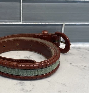 Talbots Genuine Brown Leather Belt Women's Size M w/ Inset Green Woven Fabric - Picture 1 of 7