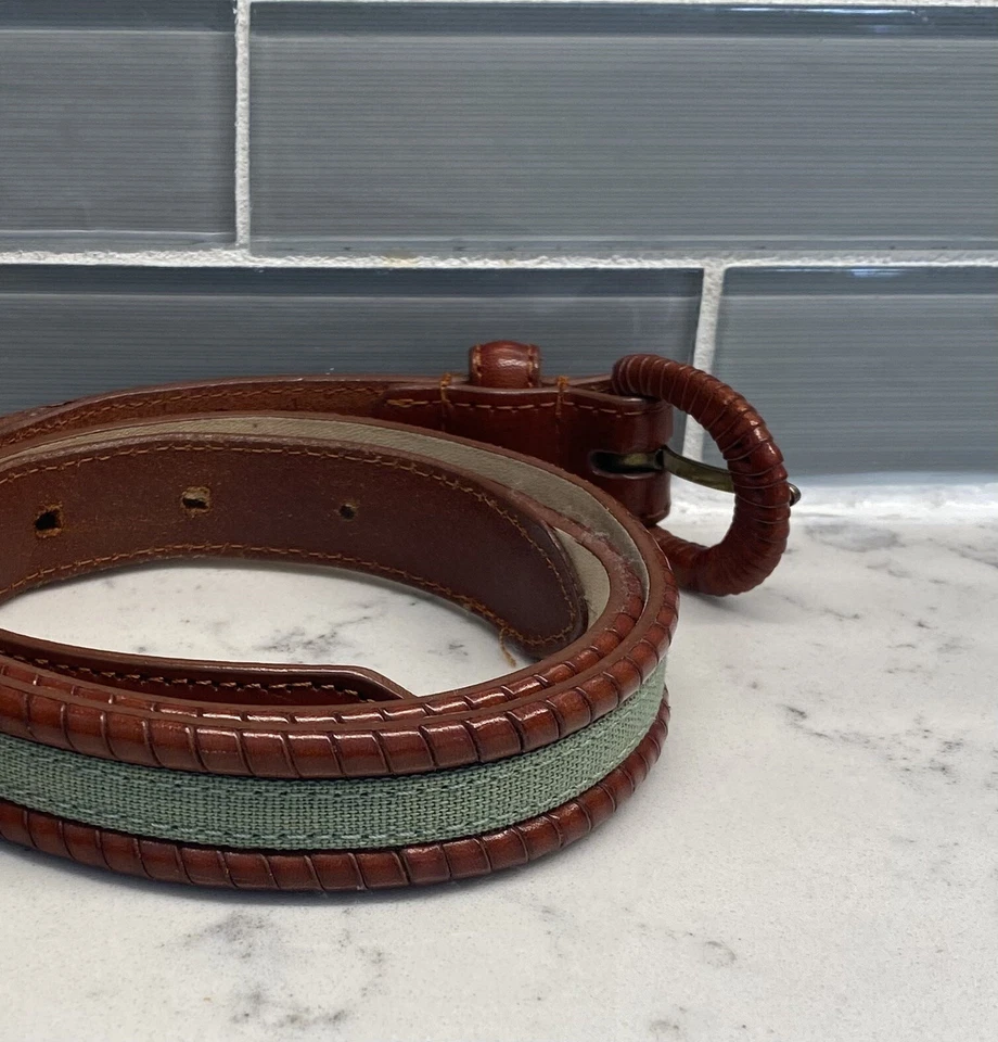 Cinturón Talbots de cuero marrón genuino para mujer talla M con inserción de tela tejida verde Foto 1 de 4