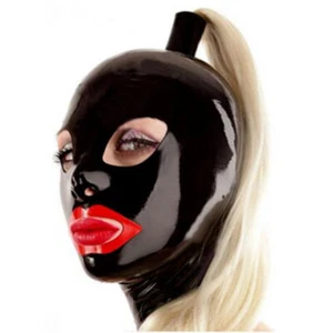 Latex Hood with Long Golden Wig Back Zipper Rubber Mask with Blond Pigtail Cos - Picture 1 of 3