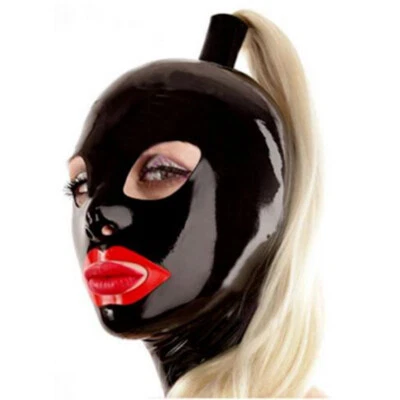 Latex Hood with Long Golden Wig Back Zipper Rubber Mask with Blond Pigtail Cos - Image 1 of 3