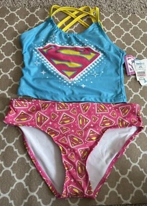 Super Girl Size 10/12 Tankini Two-Piece Swim Suit UPF 50+ Pink Blue Logo - Picture 1 of 3