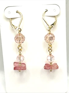 Pretty Pink Butterflies Glass Beaded Linear Dangle Stainless Leverback Earrings - Picture 1 of 4