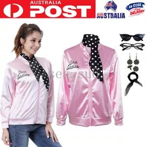 LADIES 50 50s 1950 Pink Lady Jacket and Scarf Women Costume Fancy Dress Up Party - Picture 1 of 23