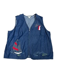 Vintage Allison Daley Womens Size 24W Denim Vest Sailboat Nautical Zip Front New - Picture 1 of 8