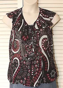 Como Womens Top Chiffon Size Large (L) Mod Print Black Red Flowy BOHO - Picture 1 of 5