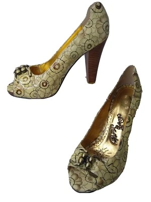 Naughty Monkey Pastel Yellow Floral Leather Block Heel Peep Toe Pumps Buckle 9.5 - Image 1 of 4
