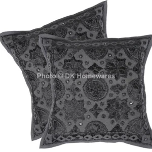 Ethnic Embroidered Cotton Throw Pillow Covers Mirrored 40x40 cm Set Of 2 Cushion - Picture 1 of 6