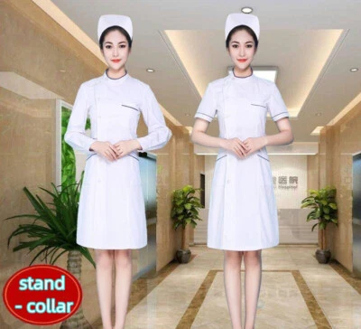 Women Nurse Stand Collar Doctor Beautician Lab Long Coat Work Clothes (Blue Edge - Image 1 of 4