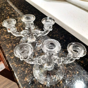 Pair 3-Arm Etched Candelabra Elegant Vintage Glass Candlestick Holders 5.5"H - Picture 1 of 11