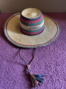 Hand Made Straw Hat West African Bolga Braided Leather Chin Strap w Tassel Large - Picture 1 of 6