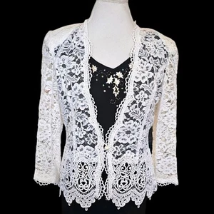 VTG Jessica McClintock Bridal White Lace Cardigan Jacket Sheer Sz M Cottagecore - Picture 1 of 13
