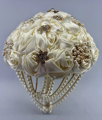 Luxury Bridal Wedding Bouquet Satin Roses Rhinestones Pearls - 11” Long 9” wide - Image 1 of 4