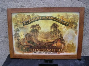 E. I. Dupont de Nemours Gunpowder Embossed Metal Sign Oak Framed 18x12.5 New - Picture 1 of 2