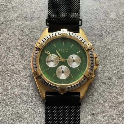 Vintage Relic By Fossil Mens Watch 41mm Gold Tone Case Green Day/Date Dial A15 - Image 1 of 4