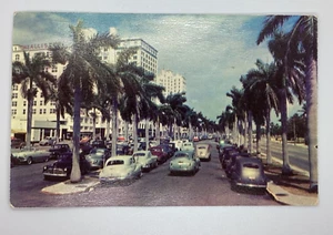 Postcard Biscayne Boulevard Palms Hotels Old Cars Miami Florida FL H360 - Picture 1 of 2