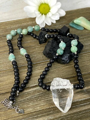 Colar de quartzo transparente turmalina preta shungite amazonita - Imagem 1 de 4