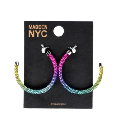 Pendientes de aro brillantes grandes de 2,25 pulgadas de rodio de diseñador Madden NYC Foto 1 de 3