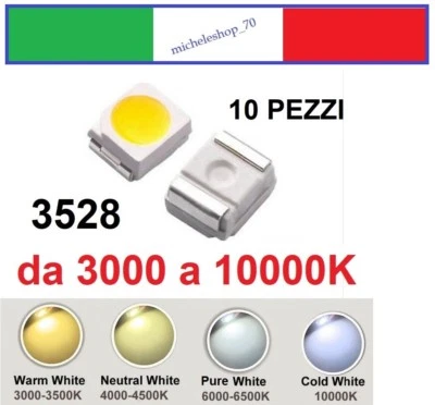 10X chip led SMD 3528 alta luminosità bianco da 2850 a 10000K PLCC2 confez da 10 - Immagine 1 di 2