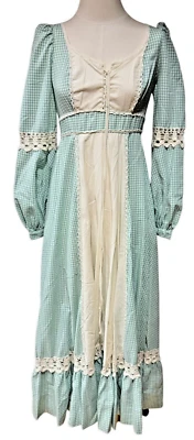Maxi vestido vintage Gunne Sax de Jessica talla 9 a cuadros lechera verde azulado años 70 Foto 1 de 2