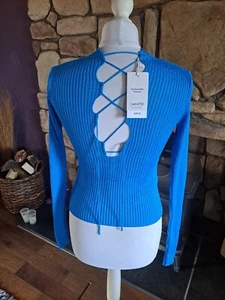 Mango Shimmer Knit Ribbed Tie Back Long Sleeve Top Blue Size S BNWT - Picture 1 of 12