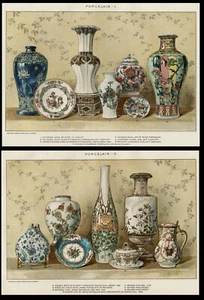 Porcelana fina de China: DOS cromolitografías de piedra genuinas de 1903 (fechadas) Grand Feu - Imagen 1 de 6