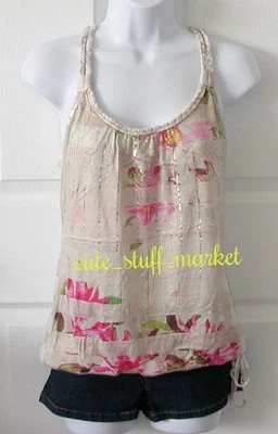 AMERICAN RAG CIE FLORAL PRINT RACER BACK TANK TOP BEIGE NUDE XS EXTRA SMALL  - Image 1 of 4