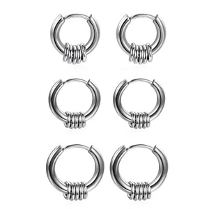 Men Women Silver Circle Beads Earrings Pierced Stainless Steel Hoop Huggie Studs - Picture 1 of 13