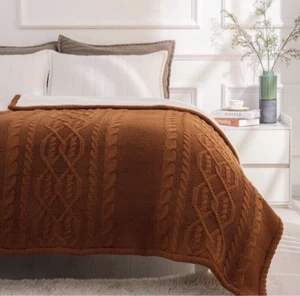 RECYCO Acrylic Cable Knit Sherpa Throw Blanket for Couch Burnt Orange 50" x 60" - Picture 1 of 9